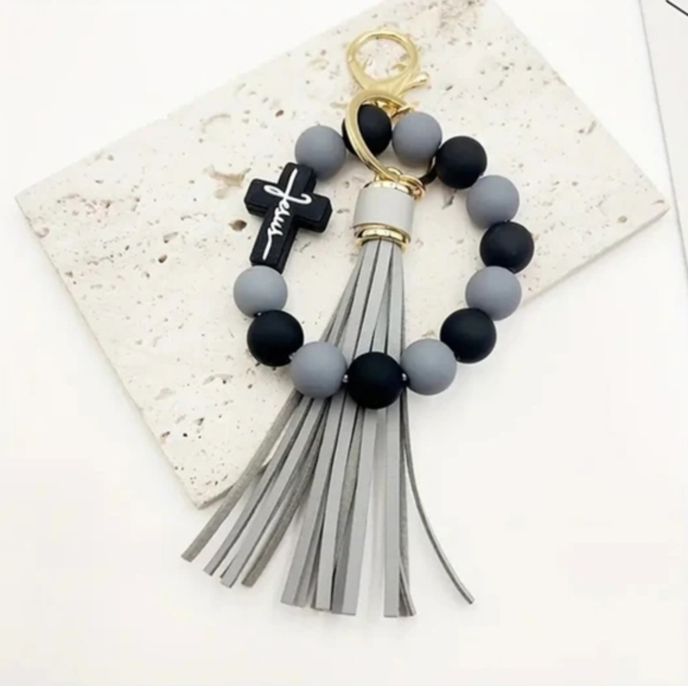 Silicone Beaded Cross Faith Inspired Wristlet with‎ Tassel Keychain Bracelet
